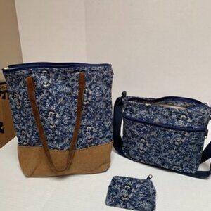 Cloverfield 3 Piece Weekender Canvas Fabric Tote Crossbody and Wallet set Blue